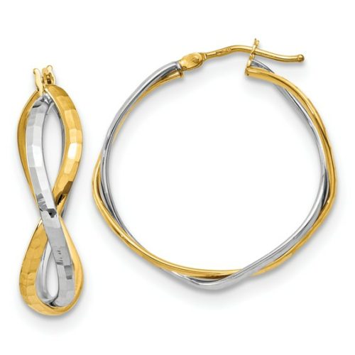 White and yellow gold criss-cross polished hoop earrings
